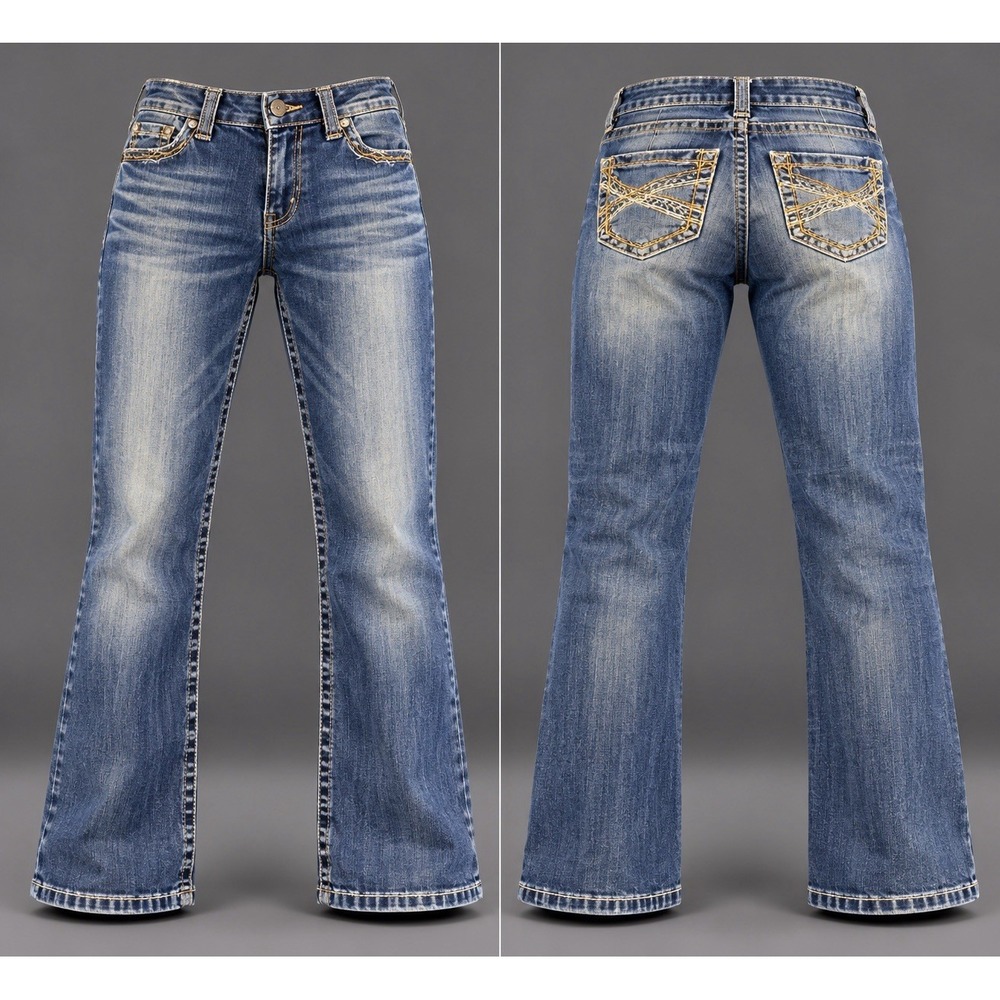 Ariat Jeans Womens 25Sx30 REAL Mid Rise Boot Entwined festival Blue whiskering